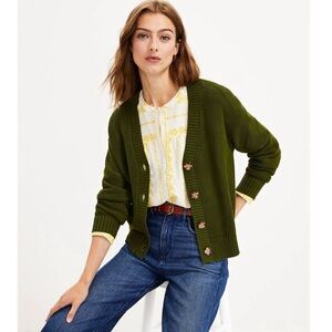 LOFT Stitchy Cardigan Sweater in Moss Green - XXL